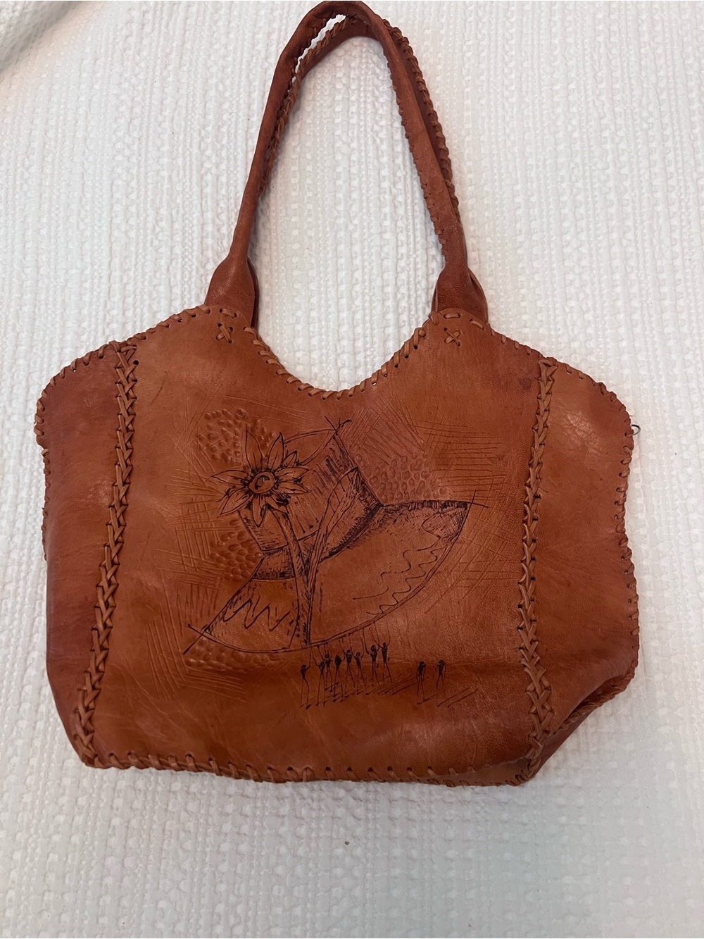 Hand-Tooled Brown Leather Tote Bag